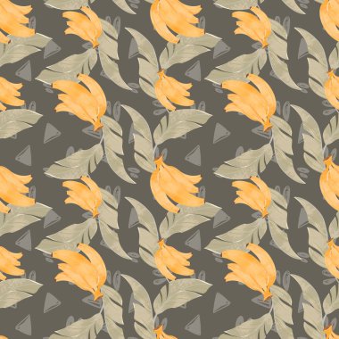 Yeşil arka planda sarı muz desenli şirin kawaii. Dokulu dijital sanat. Paket kağıdı, kumaş, tekstil, giyim, çıkartma, kartpostal, ticari ambalaj, duvar kağıdı baskısı