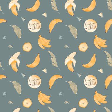 Şirin kawaii dikdörtgen kare desenli sarı muz mavi arka planda. Dokulu dijital sanat. Paket kağıdı, kumaş, tekstil, giyim, çıkartma, kartpostal, ticari ambalaj, duvar kağıdı baskısı