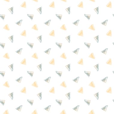 Beyaz arka planda sevimli kawaii kusursuz sarı üçgen kare desenli. Dokulu dijital sanat. Paket kağıdı, kumaş, tekstil, giyim, çıkartma, kartpostal, ticari ambalaj, duvar kağıdı baskısı