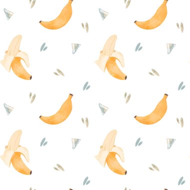 Beyaz arka planda sevimli kawaii dikdörtgen kare desenli sarı muz. Dokulu dijital sanat. Paket kağıdı, kumaş, tekstil, giyim, çıkartma, kartpostal, ticari ambalaj, duvar kağıdı baskısı