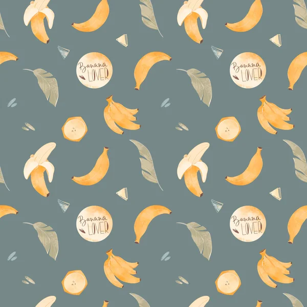 可爱的卡瓦伊无缝方形图案蓝色背景的黄色香蕉 纹理数字艺术 包装纸 纺织品 明信片 商业包装 壁纸印刷 — 图库照片