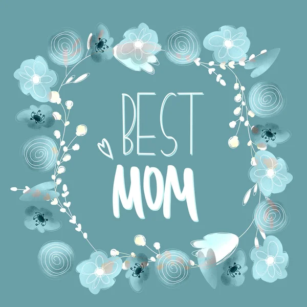 Mavi arka planda anneler günü için harfleri olan sevimli kawaii kare tebrik kartı. Dokulu dijital sanat eserleri. Paket kağıdı, kumaş, davetiye, duvar kağıdı, kırtasiye için yazdır