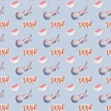 Şirin kawaii dikdörtgen desensiz kare kare boyalar mavi arka planda. Dokulu suluboya dijital sanat. Paket kağıdı, kumaş, kırtasiye, çıkartma, kapak, duvar kağıdı için yazdır