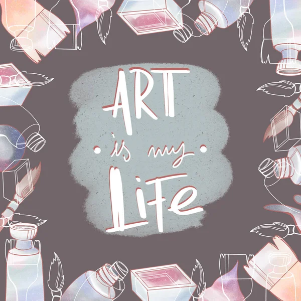 Cute Kawaii Square Postcard Artist Hand Lettering Art Life Black — Stock Photo, Image