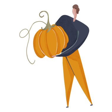 Elinde balkabağı olan hoş bir sonbahar elemanı. Dokulu düz dijital sanat. Kartpostal baskısı, çıkartma, afiş, menü, dekorasyon, ambalaj kağıdı, tekstil, yapıştırıcı bant, web