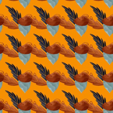 Konforlu kawaii sonbahar karesi dikişsiz meşe palamudu ve turuncu arka plandaki dallar izole edilmiş. Düz desenli dijital sanat. Kumaş, ambalaj kağıdı, afiş, giysi, kartpostal, duvar kağıdı