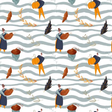 Sıcak kawaii sonbahar karesi, beyaz arka planda bağış günü için kusursuz desen izole edildi. Düz desenli dijital sanat. Kumaş, ambalaj kağıdı, afiş, giysi, kartpostal, duvar kağıdı