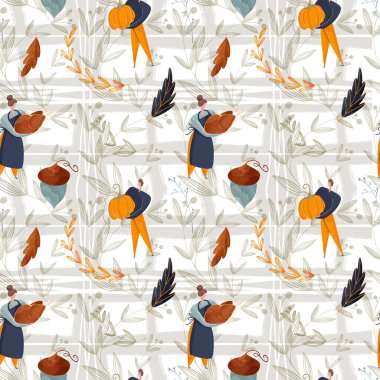 Sıcak kawaii sonbahar karesi, beyaz arka planda bağış günü için kusursuz desen izole edildi. Düz desenli dijital sanat. Kumaş, ambalaj kağıdı, afiş, giysi, kartpostal, duvar kağıdı