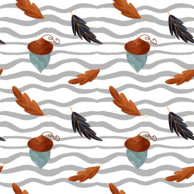 Konforlu kawaii sonbahar karesi dikişsiz meşe palamudu ve beyaz arka planda ince dallar. Düz desenli dijital sanat. Kumaş, ambalaj kağıdı, afiş, giysi, kartpostal, duvar kağıdı