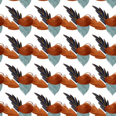 Konforlu kawaii sonbahar karesi dikişsiz meşe palamudu ve beyaz arka planda ince dallar. Düz desenli dijital sanat. Kumaş, ambalaj kağıdı, afiş, giysi, kartpostal, duvar kağıdı