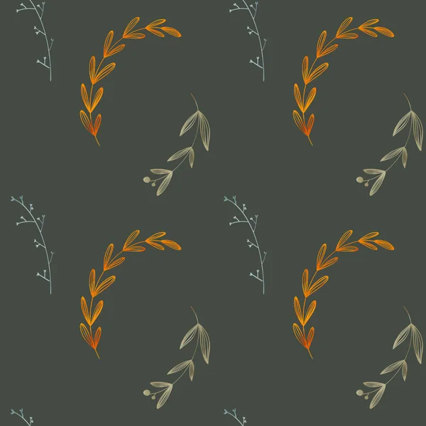舒适的川西秋天的树叶和枝条天衣无缝的绿色背景感恩节图案 平面纹理数字艺术 包装纸 明信片 壁纸印刷 — 图库照片