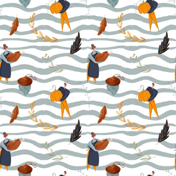 Sıcak kawaii sonbahar karesi, beyaz arka planda bağış günü için kusursuz desen izole edildi. Düz desenli dijital sanat. Kumaş, ambalaj kağıdı, afiş, giysi, kartpostal, duvar kağıdı