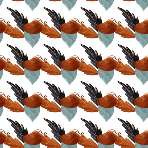 Konforlu kawaii sonbahar karesi dikişsiz meşe palamudu ve beyaz arka planda ince dallar. Düz desenli dijital sanat. Kumaş, ambalaj kağıdı, afiş, giysi, kartpostal, duvar kağıdı