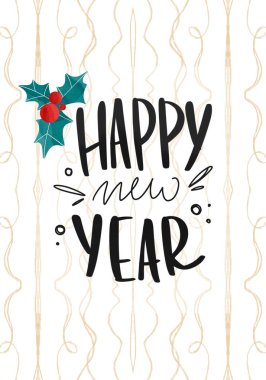 Kawaii konforlu dikdörtgen dikey tebrik kartı ve Mutlu Yıllar el yazısı. Dokulu düz dijital sanat. Paket kağıdı, kumaş, tekstil, duvar kağıdı, yapıştırma kitabı