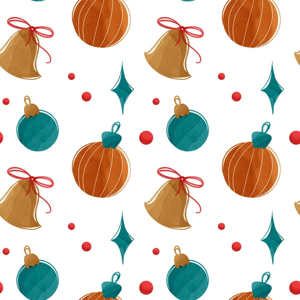 Kawaii舒适的方形无缝图案新年圣诞树装饰元素 白色背景上的球 纹理平面数字艺术 包装纸 纺织品 废纸印刷 — 图库照片