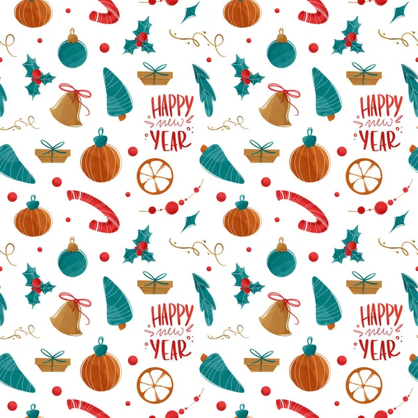 Kawaii cozy square seamless pattern new year christmas tree decor element, ball on white background. Textured flat digital art. Print for wrapping paper, fabric, textile, ribbon, wallpaper, scrapbooking