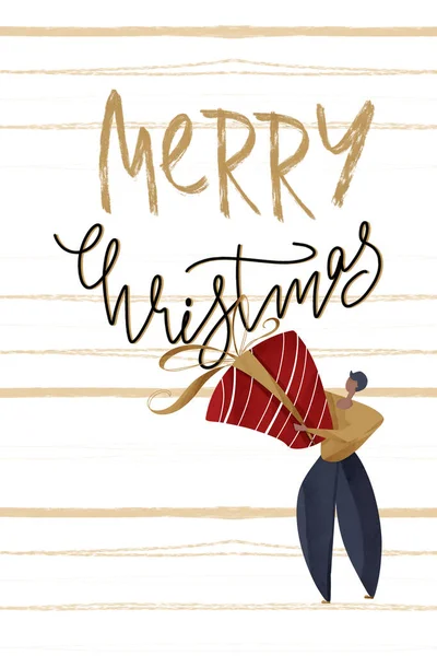 Kawaii Accogliente Cartolina Rettangolare Buon Natale Lettering Doodle Contorno Arte — Foto Stock