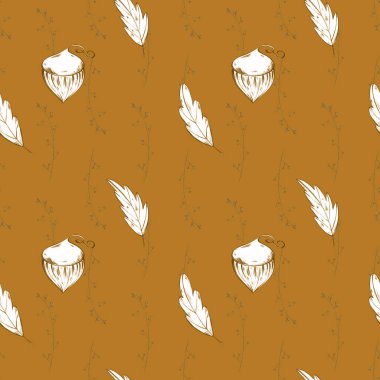 Turuncu arka planda, rahat kare, dikişsiz sonbahar dalları. Kalem için desenli dijital çizim. Paket kağıdı, kapak, pankart, kartpostal, kumaş, tekstil, duvar kağıdı için yazdır.