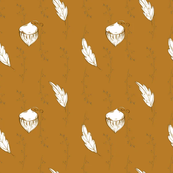 Уютный Квадратный Бесшовный Узор Осенние Ветки Оранжевом Фоне Текстурированный Цифровой — стоковое фото
