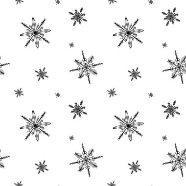 Beyaz arka planda yeni yıl için sevimli, kare, pürüzsüz kar tanesi deseni. Karalama dijital sanat taslağı. Paket kağıdı, yapıştırma defteri, duvar kağıdı, web dekoru, kartpostal, tekstil, kumaş baskısı