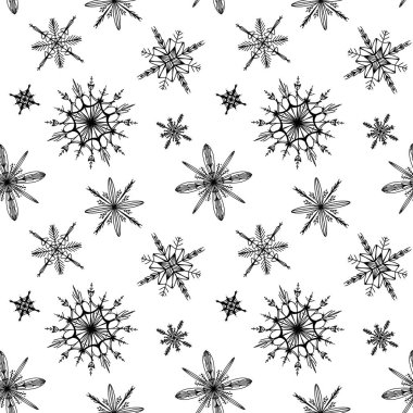 Beyaz arka planda yeni yıl için sevimli, kare, pürüzsüz kar tanesi deseni. Karalama dijital sanat taslağı. Paket kağıdı, yapıştırma defteri, duvar kağıdı, web dekoru, kartpostal, tekstil, kumaş baskısı