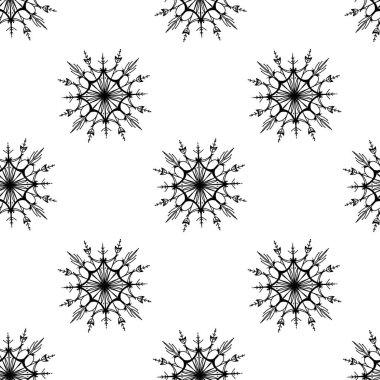 Beyaz arka planda yeni yıl için sevimli, kare, pürüzsüz kar tanesi deseni. Karalama dijital sanat taslağı. Paket kağıdı, yapıştırma defteri, duvar kağıdı, web dekoru, kartpostal, tekstil, kumaş baskısı
