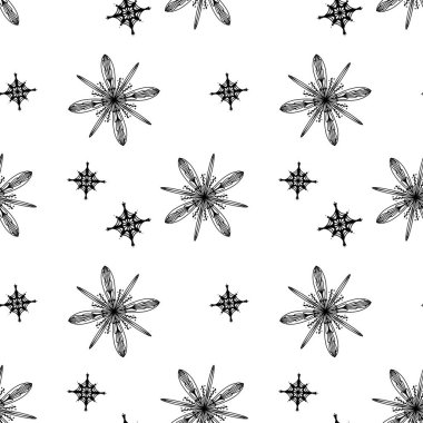 Beyaz arka planda yeni yıl için sevimli, kare, pürüzsüz kar tanesi deseni. Karalama dijital sanat taslağı. Paket kağıdı, yapıştırma defteri, duvar kağıdı, web dekoru, kartpostal, tekstil, kumaş baskısı