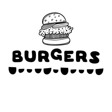 Burger Cafe için kapak. Konsept illüstrasyon kroki. Gıda el ilanı.