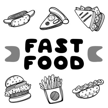 Sosisli sandviç Cafe için kapak. Konsept illüstrasyon kroki. Gıda el ilanı.