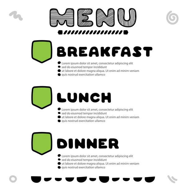 Handgezeichnete Speisekarte für Café mit Frühstück, Mittagessen, Abendessen Inschriften. Vorlagendesign. — Stockvektor