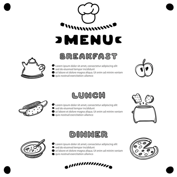 Menu dessiné à la main pour café avec petit déjeuner, déjeuner, inscriptions pour le dîner. Conception du modèle . — Image vectorielle