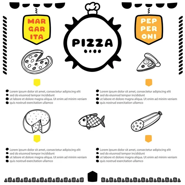 Hand getekende pizza menu voor café. Sjabloonontwerp. Voedsel flyer. — Stockvector