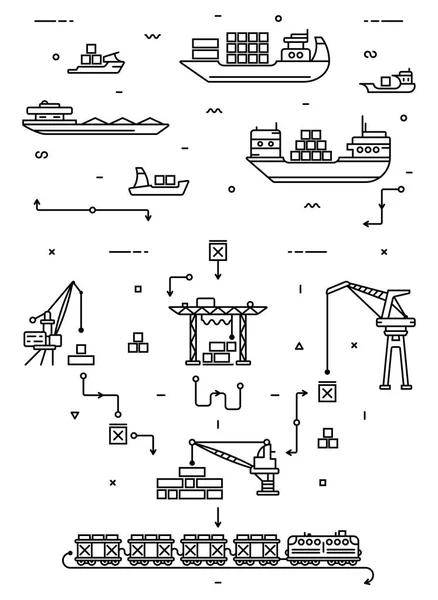 Globális áru logisztikai koncepció. Tengeri szállítás a szállítási hajók, a kikötő és a teherszállítási daruk. Vasúti szállítás. Lapos infographics. Lineáris illusztráció. — Stock Vector