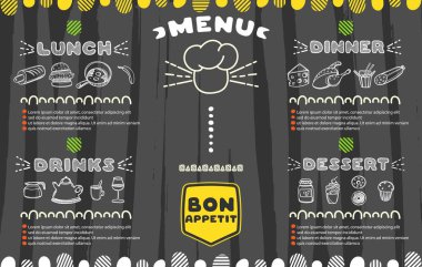El Gıda kafe için çizilmiş menüsü. Şablon tasarım. Gıda el ilanı.