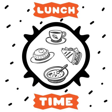 Şirin el café kroki tarzı fincan çay, sandviç, et pirzola ve çorba ile çizilmiş posteri. İllüstrasyon karikatür. Öğle yemeği saat kavramı.