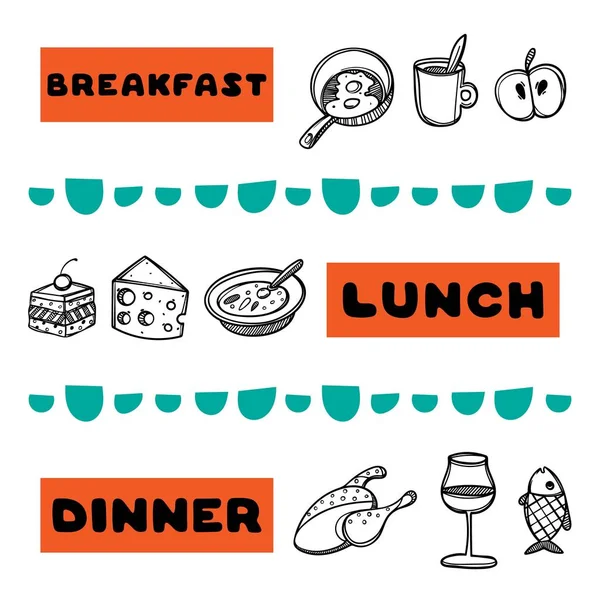 Hand getekend menu voor café met met eten en ontbijt, lunch en diner inscripties. Sjabloonontwerp. — Stockvector