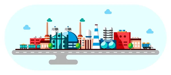 Global industrial factory technology process with ecology concept. Flat illustration of manufacturing buildings. Smart factory industry 4.0 Cartoon style — Stock Vector