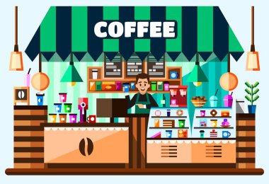 Kahve evin salonu iç barista arkasında duran, sayaç kahve yapma ekipmanları, menü ve goodies ile bar ile. Düz illüstrasyon