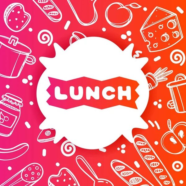 Kleurrijke gradiënt flyer voor café op glanzende achtergrond met lunch citaat. Lineaire doodle illustratie van voedsel. Witte sticker op multi-gekleurde verloop. — Stockvector