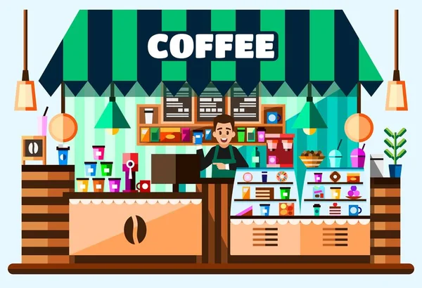Koffie huis winkel interieur met barista staande achter van toog met koffie apparatuur, menu en goodies. Vlakke afbeelding — Stockvector