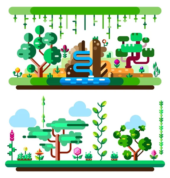 Selva tropical africana y paisaje hecho con colores brillantes. Conjunto de ilustración de vector plano. Elementos para tu juego móvil — Vector de stock