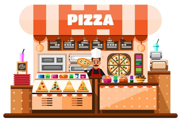 Interior da casa de pizza com pizzaiolo italiano segurando pizza quente e de pé atrás de balcão de mesas com equipamento de pizzaria, menu e guloseimas. Ilustração plana —  Vetores de Stock