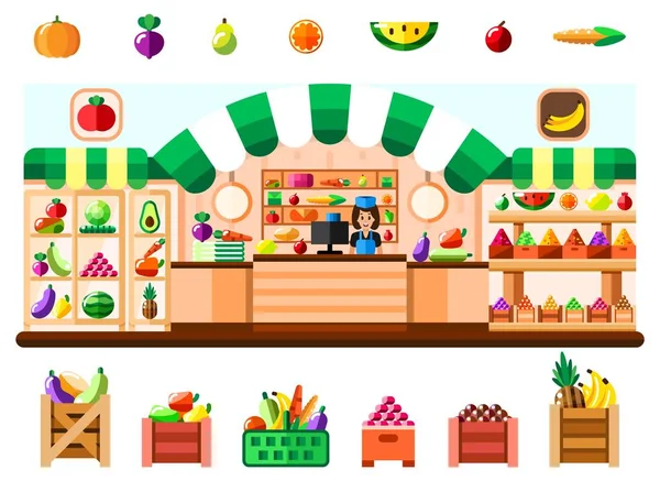 Grønnsaksbutikk innendørs med selger, utstillingsboks og kjøleskap. Interiør med godsaker. Frukt og grønnsaker i kurv, esker og beholdere. Sunn mat og øko-mat. Flattillustrasjon – stockvektor