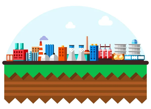 Wereldwijde industriële fabriek technologie proces met ecologie concept. Structuur van de aarde. Platte illustratie van de productie van gebouwen. Cartoon lagen van de aarde. Papercut stijl — Stockvector