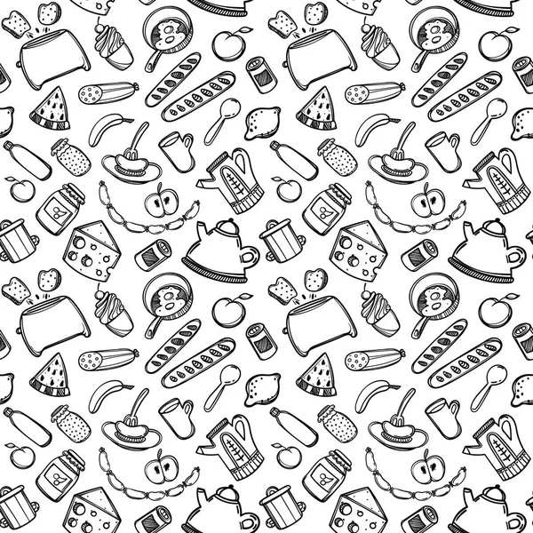 Cartoon cute food and kitchenware on white background. Seamless pattern. Linear illustration. For zentangle book. Breakfast time — Stock Vector