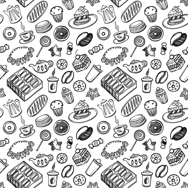 Cartoon comida bonita e utensílios de cozinha no fundo branco. Padrão sem costura. Ilustração linear. Para o livro Zentangle. Hora da sobremesa — Vetor de Stock