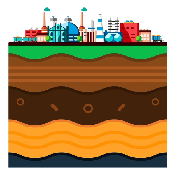 Processo tecnologico industriale globale con concetto di ecologia. Struttura della terra. Illustrazione piatta di edifici di produzione. Strati di cartone animato della terra. Stile di taglio della carta — Vettoriale Stock