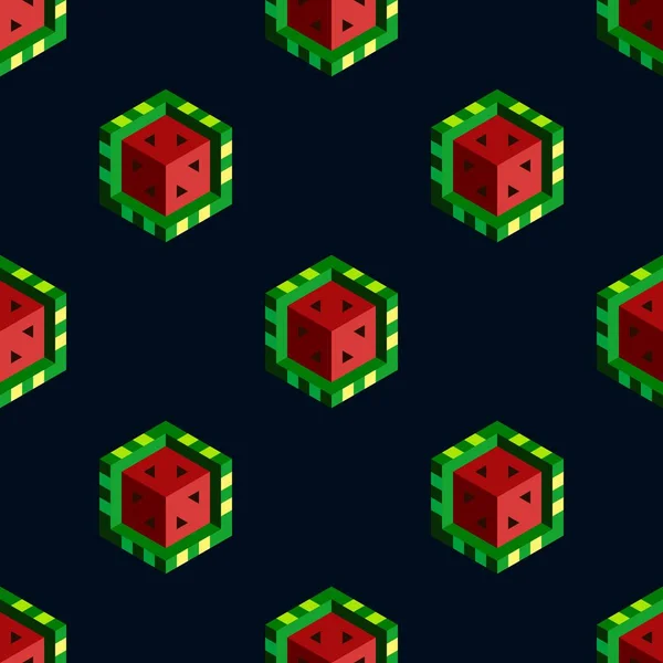 Isometric cubic watermelons on dark background. Seamless pattern. Flat vector illustration — Stock Vector