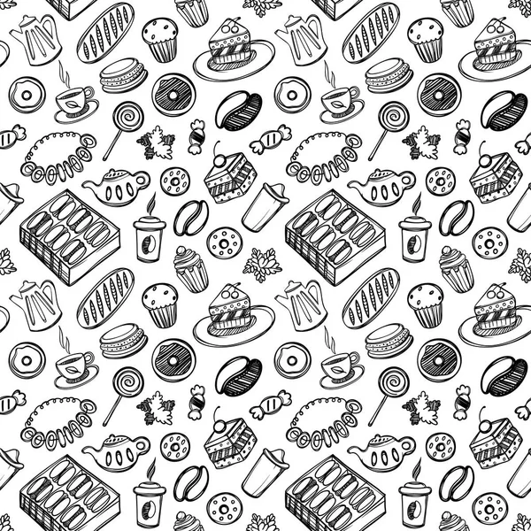 Schattige cartoon-voedsel en keukengerei op witte achtergrond. Naadloze patroon. Lineaire afbeelding. Voor zentangle boek. Dessert tijd — Stockvector