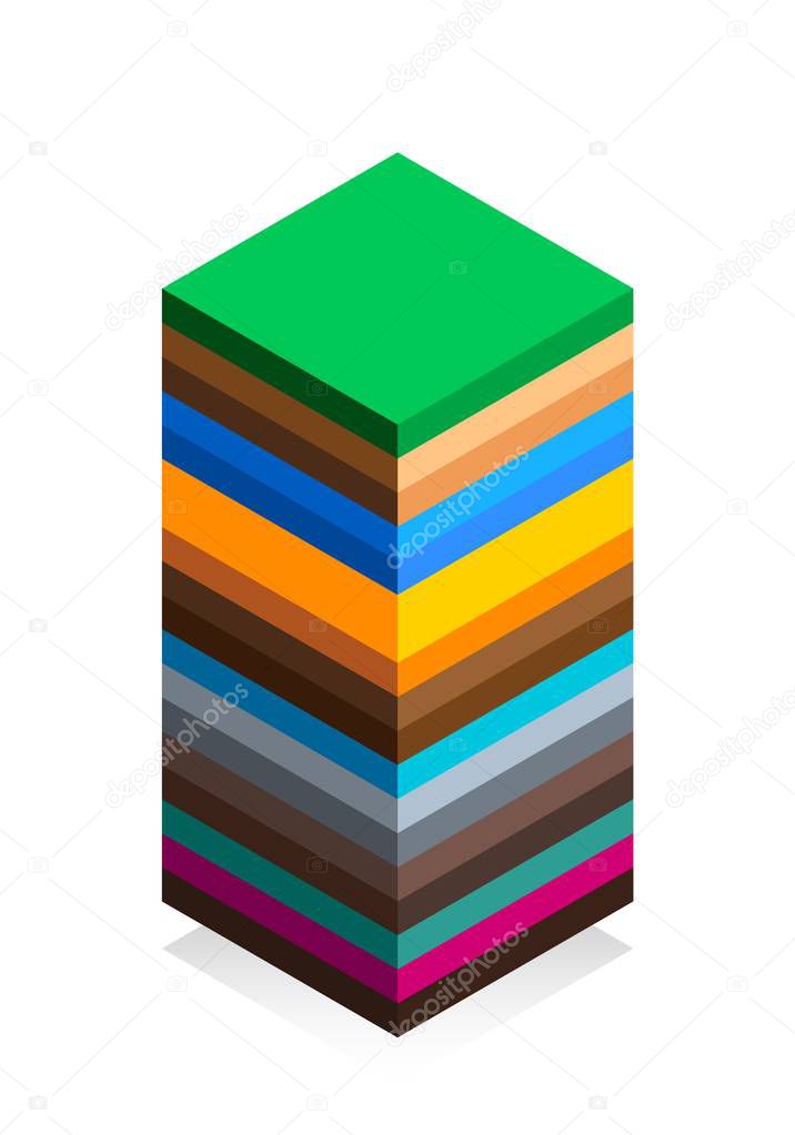 The structure of the earth in isometric style. Cartoon scheme. Isolated on white background. Geology scheme. Flat vector illustration